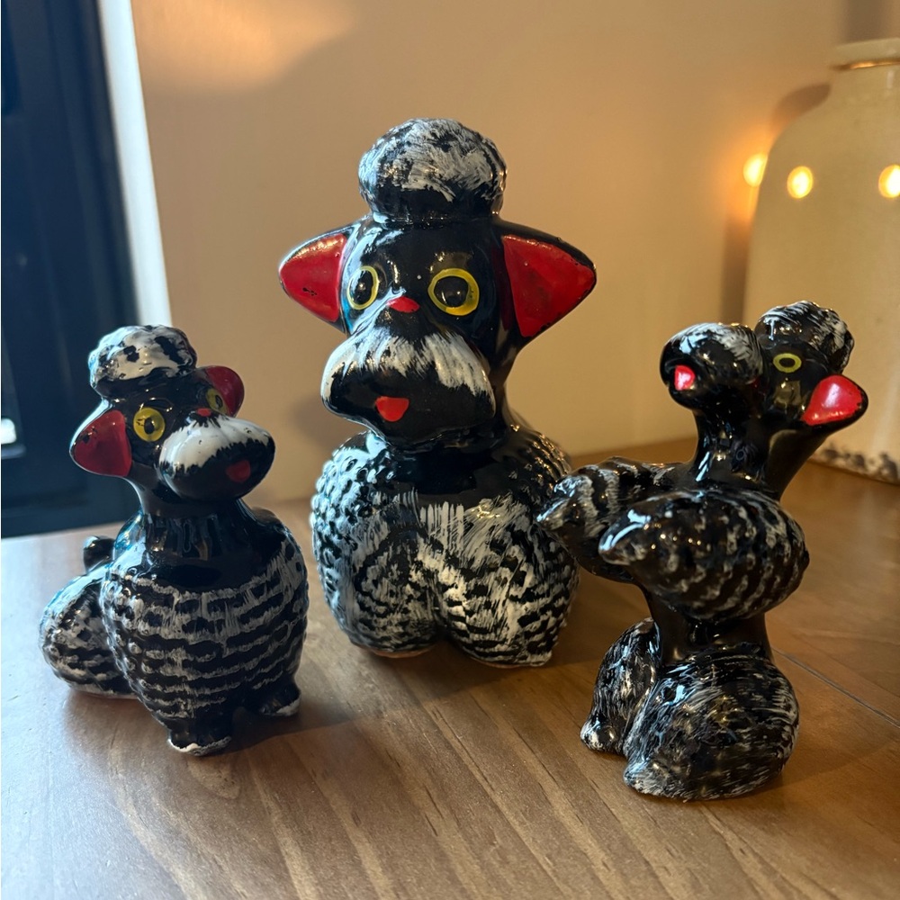 Vintage MCM Kitschy Redware Poodle Figurines 1950s Made in Japan Mom and 2 Pups